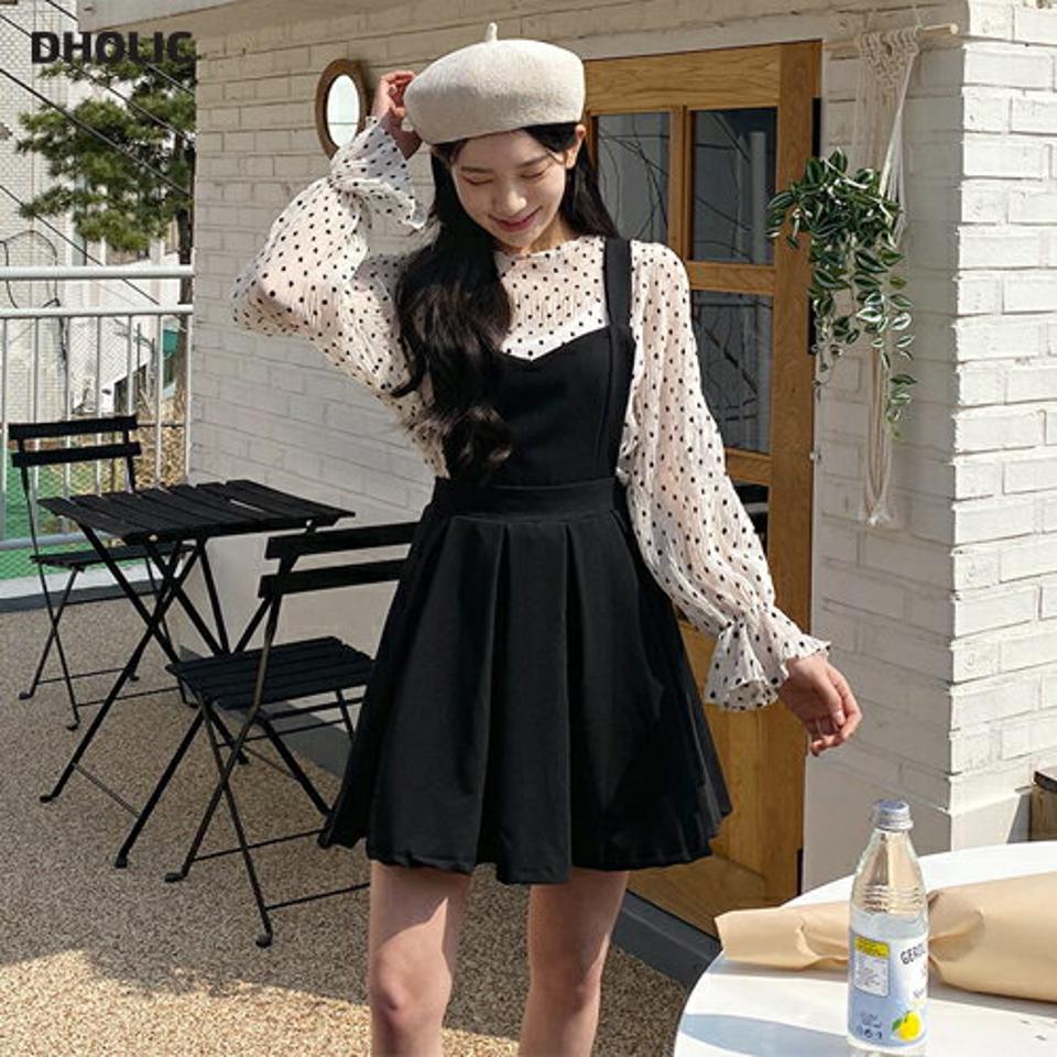 ドットブラウス&ノースリワンピースSET・全1色・t63730 レディース 【ops】【韓国 ファッション ワンピース ミニ ミニワンピース ブラウス セット ドット パターン ラウンドネック スリーブレス スクエアVネック フレア 体型カバー 春 夏】【NIJU】