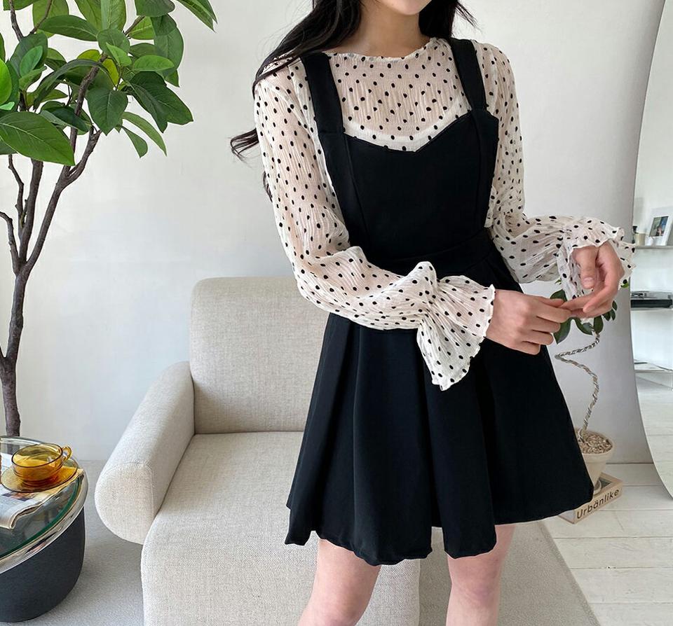 ドットブラウス&ノースリワンピースSET・全1色・t63730 レディース 【ops】【韓国 ファッション ワンピース ミニ ミニワンピース ブラウス セット ドット パターン ラウンドネック スリーブレス スクエアVネック フレア 体型カバー 春 夏】【NIJU】