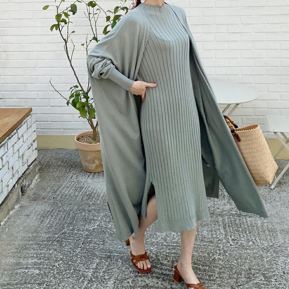 オープンニットカーデ&リブワンピースSET・全4色・b67660 レディース 【ops】 セット set カーディガン ロングカーディガン ロング ワンピース ロングワンピース 長袖 ショートスリーブ 春 夏 秋 韓国 ファッション ハイホリHIHOLLI