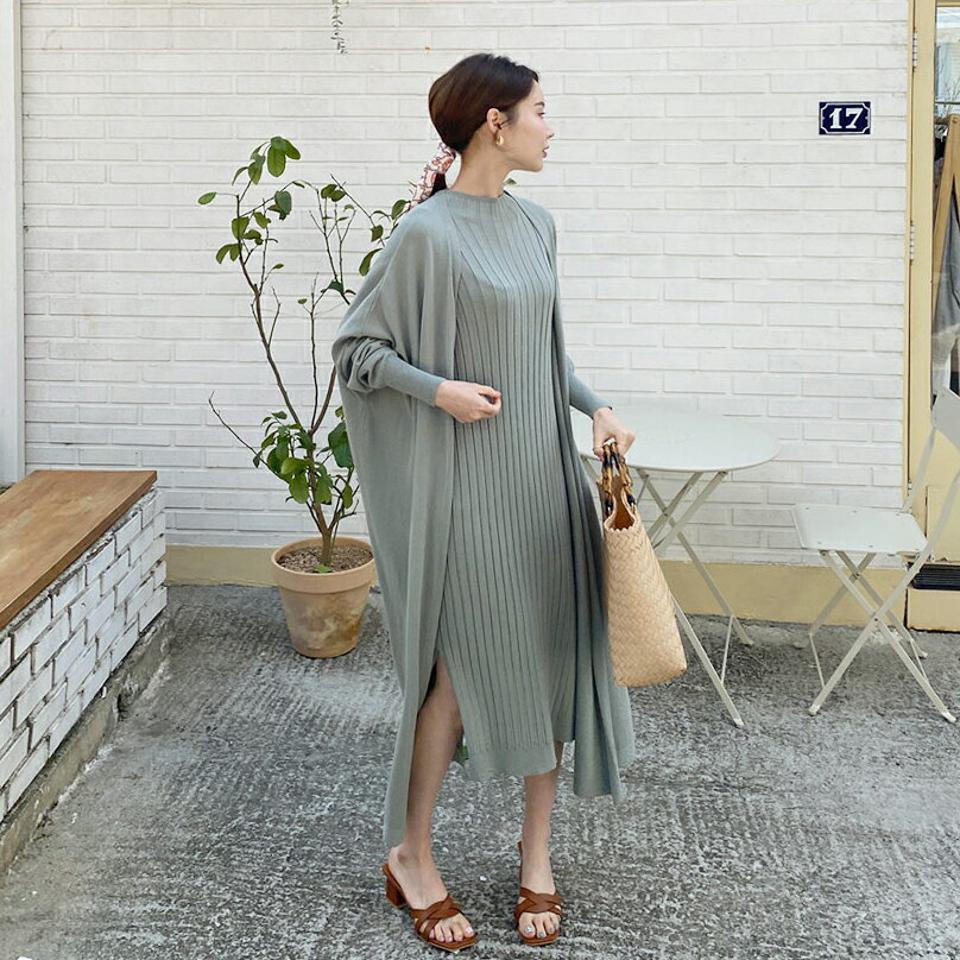 オープンニットカーデ&リブワンピースSET・全4色・b67660 レディース 【ops】 セット set カーディガン ロングカーディガン ロング ワンピース ロングワンピース 長袖 ショートスリーブ 春 夏 秋 韓国 ファッション ハイホリHIHOLLI
