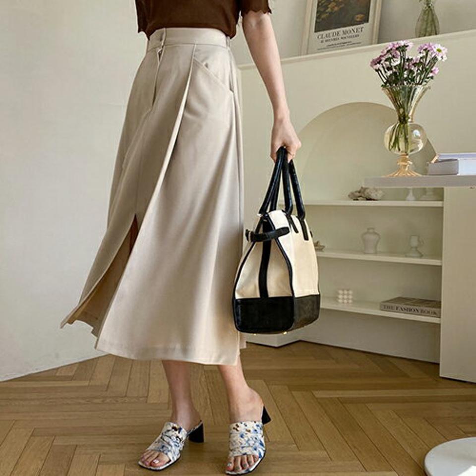 タックスリットスカート・全2色・b67672 レディース 【sk】【スカート ロング ロングスカート スリット タック 単色 無地 シンプル 大人 カジュアル Aライン 春 秋 韓国 ファッション】【ハイホリHIHOLLI】