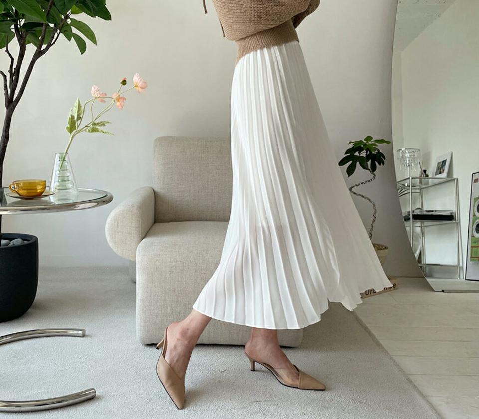 ウエストゴムプリーツスカート・全4色・b64997 レディース 【sk】【韓国 ファッション ボトムス スカート ロング ロングスカート フェミニン プリーツ 揺れ感 ウエストゴム Aライン 体型カバー カジュアル デイリー 上品 春 夏】