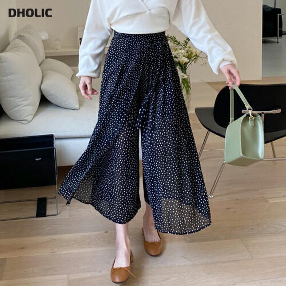 リボンスクエアパターンパンツ・全1色・b57149 レディース 【pt】【韓国 ファッション ボトムス ロング ロングパンツ プリーツ フェミニン シフォン パターン ドット柄 リボン ワイド ワイドパンツ 体型カーバー 10分丈 十分丈 カジュアル 春 夏】