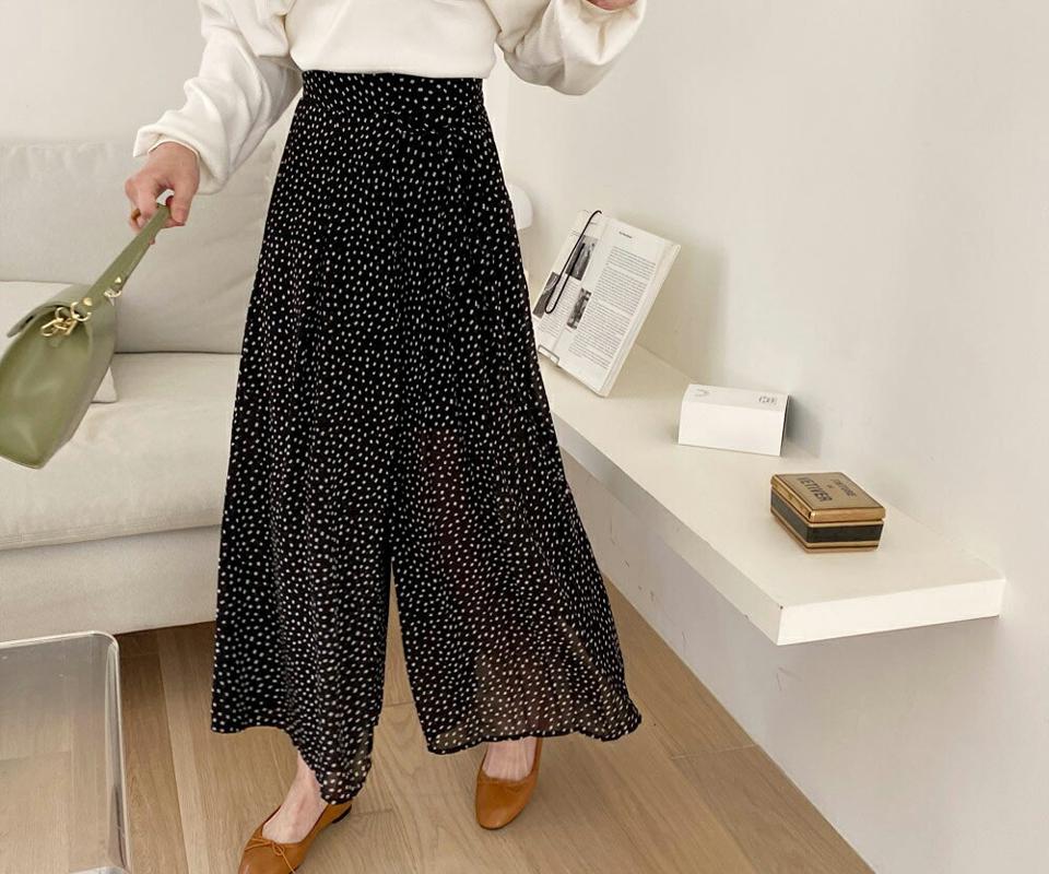 リボンスクエアパターンパンツ・全1色・b57149 レディース 【pt】【韓国 ファッション ボトムス ロング ロングパンツ プリーツ フェミニン シフォン パターン ドット柄 リボン ワイド ワイドパンツ 体型カーバー 10分丈 十分丈 カジュアル 春 夏】