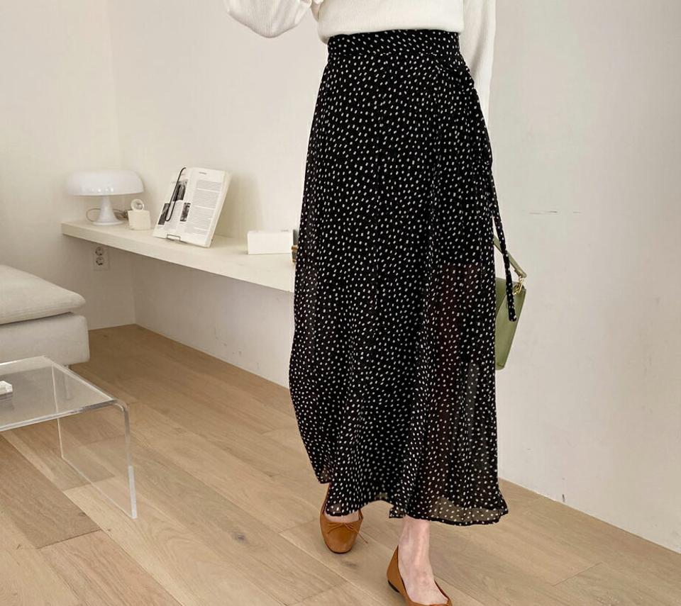 リボンスクエアパターンパンツ・全1色・b57149 レディース 【pt】【韓国 ファッション ボトムス ロング ロングパンツ プリーツ フェミニン シフォン パターン ドット柄 リボン ワイド ワイドパンツ 体型カーバー 10分丈 十分丈 カジュアル 春 夏】