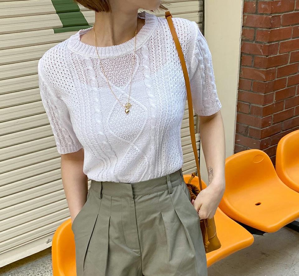 半袖ケーブルニット・全5色・t57126 レディース 【tops】【韓国 ファッション トップス ニット 半袖 カジュアル ケーブル編み ラウンドネック パンチング ケーブルニット スリム フィット 細身 体型カバー フェミニン ベーシック 春 夏】