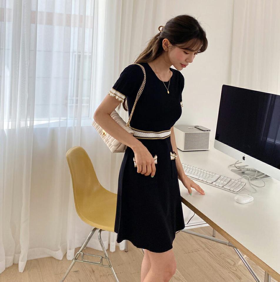 配色ポケットニットミニワンピース・全4色・b57137 レディース 【ops】【韓国 ファッション ワンピース ミニ ミニワンピース 半袖 ニットワンピース 細身 ラウンドネック ウェーブ グリッター 配色 体型カバー フェミニン カジュアル 春 夏】