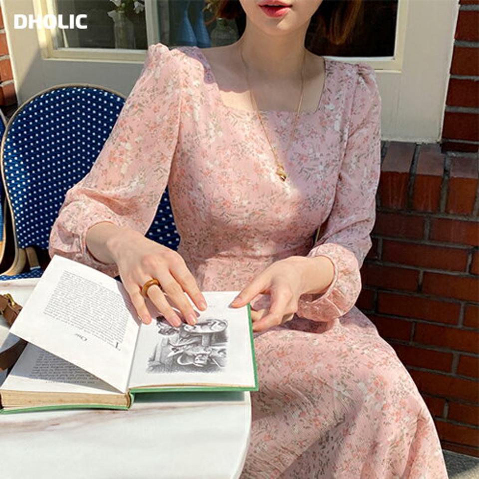 スクエアフローラルワンピース・全3色・t57139 レディース 【ops】【韓国 ファッション ワンピース ロング ロングワンピース 長袖 スクエアネック 花柄 フラワー パターン フローラル リボン ラブリー Aライン フェミニン 体型カバー 春 夏】【fw】