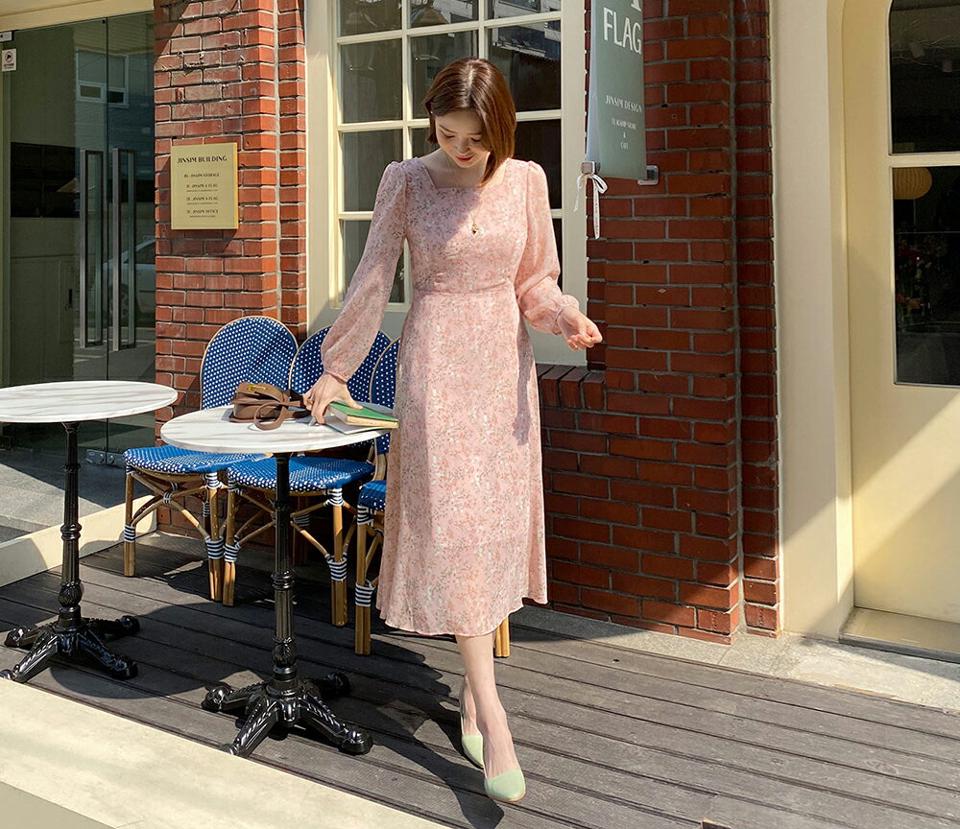 スクエアフローラルワンピース・全3色・t57139 レディース 【ops】【韓国 ファッション ワンピース ロング ロングワンピース 長袖 スクエアネック 花柄 フラワー パターン フローラル リボン ラブリー Aライン フェミニン 体型カバー 春 夏】【fw】