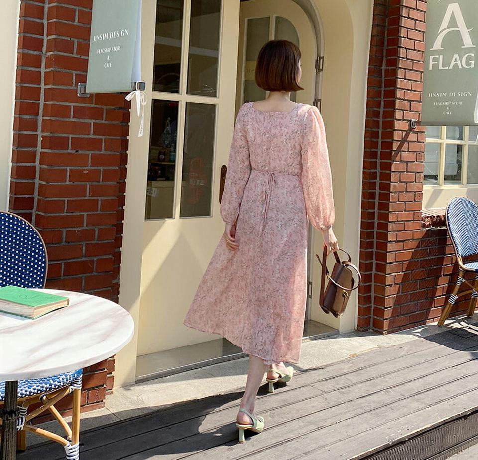 スクエアフローラルワンピース・全3色・t57139 レディース 【ops】【韓国 ファッション ワンピース ロング ロングワンピース 長袖 スクエアネック 花柄 フラワー パターン フローラル リボン ラブリー Aライン フェミニン 体型カバー 春 夏】【fw】