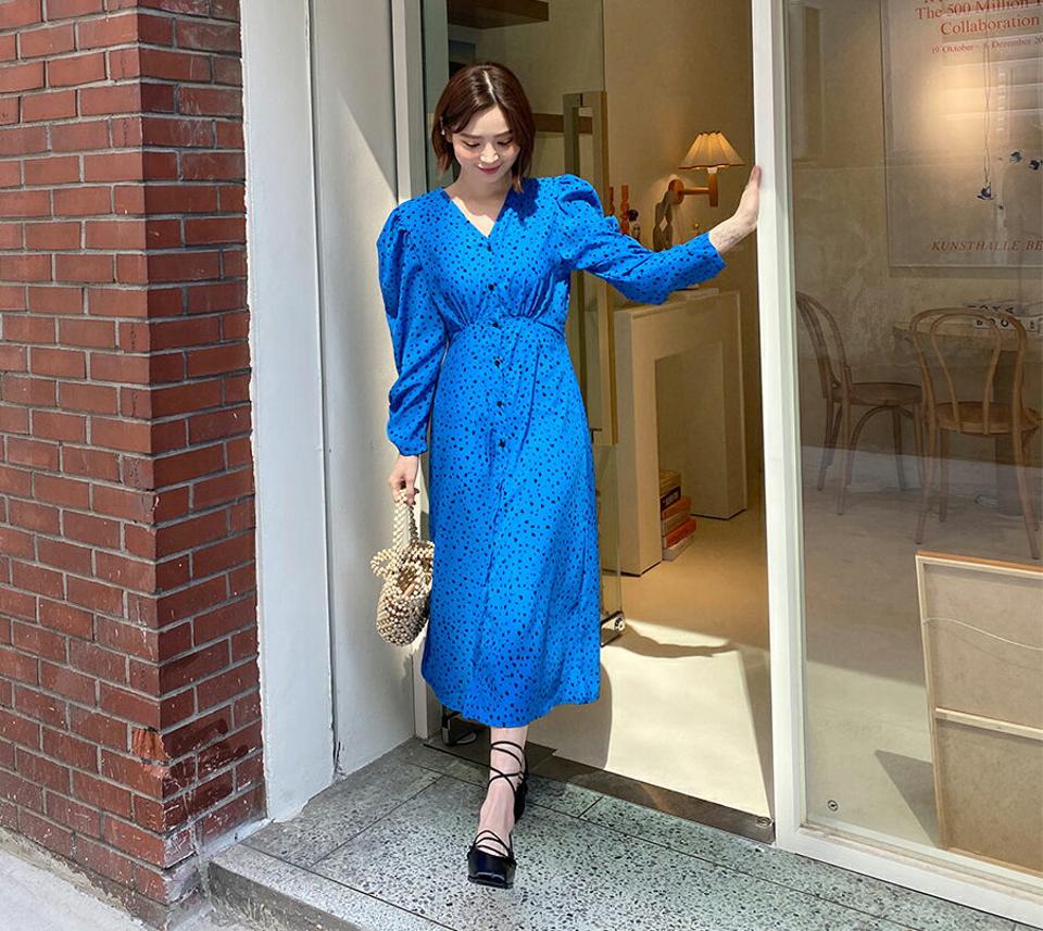 レオパードVネックワンピース・全2色・t57153 レディース 【ops】【韓国 ファッション ワンピース ロング ロングワンピース 長袖 上品 レオパード柄 パターン Vネック デコルテ ギャザー Aライン カジュアル フェミニン 体型カバー 春 夏】