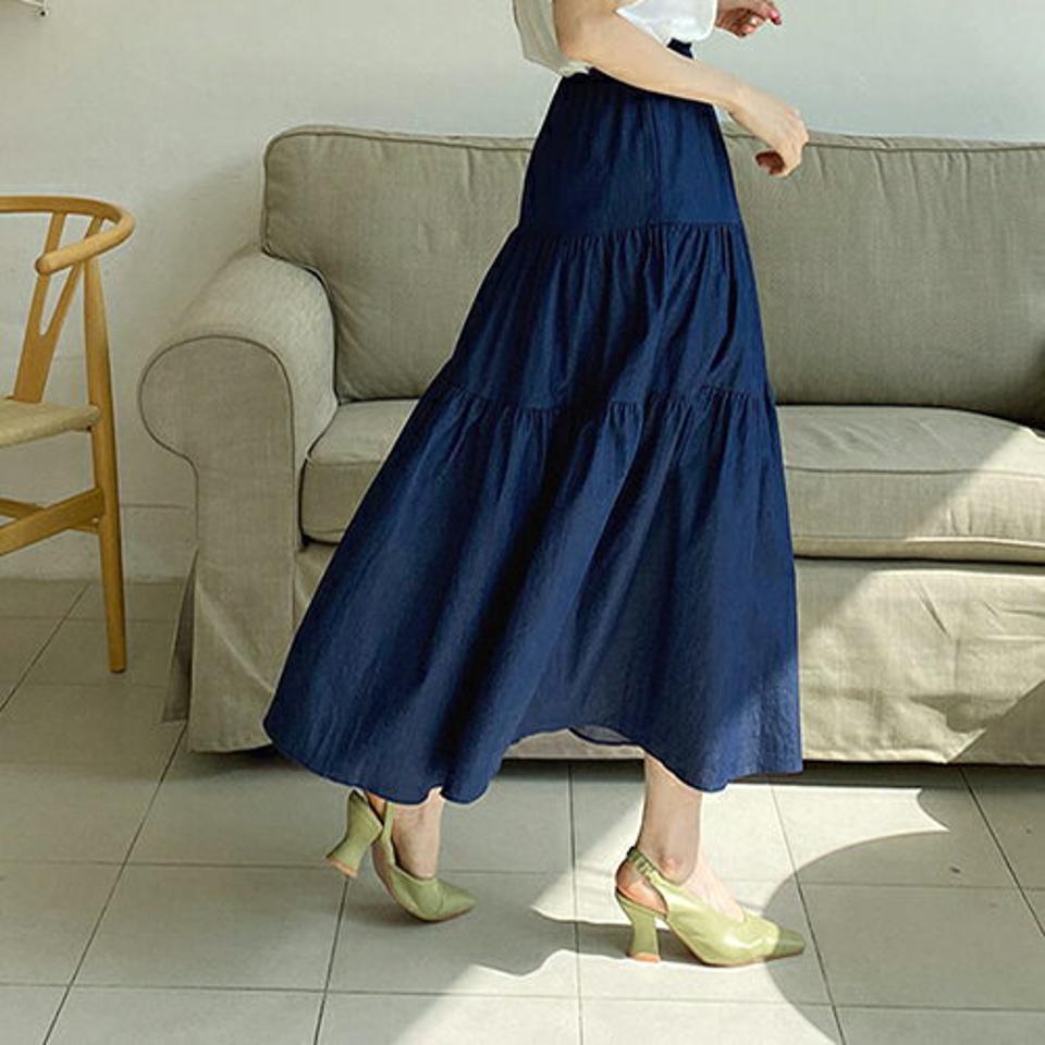 ティアードデニムスカート・全2色・t67646 レディース 【sk】【スカート ロング ロングスカート ティアード デニム カジュアル デニムスカート シンプル 春 秋 韓国 ファッション】【ハイホリHIHOLLI】