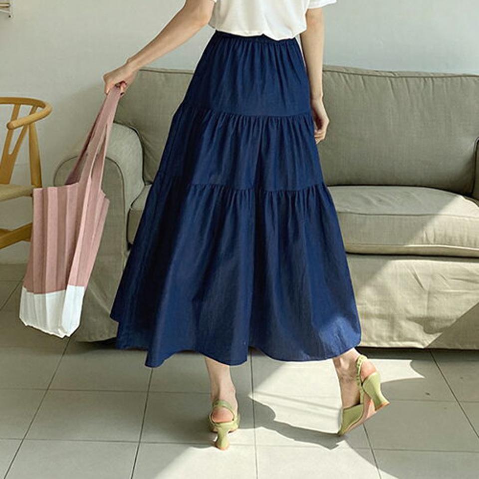 ティアードデニムスカート・全2色・t67646 レディース 【sk】【スカート ロング ロングスカート ティアード デニム カジュアル デニムスカート シンプル 春 秋 韓国 ファッション】【ハイホリHIHOLLI】