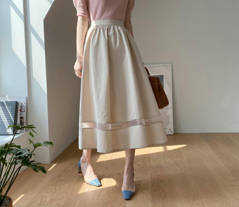 メッシュラインフレアスカート・全2色・b67702 レディース 【sk】【スカート ロング ロングスカート フレア フレアスカート メッシュ フェミニン Aライン シースルー シアー 透け感 大人 春 秋 韓国 ファッション】【ハイホリHIHOLLI】