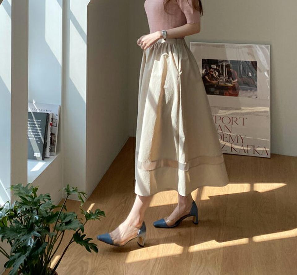 メッシュラインフレアスカート・全2色・b67702 レディース 【sk】【スカート ロング ロングスカート フレア フレアスカート メッシュ フェミニン Aライン シースルー シアー 透け感 大人 春 秋 韓国 ファッション】【ハイホリHIHOLLI】