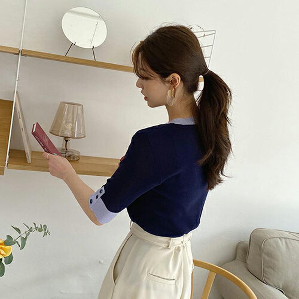 【只今10%OFF】配色ラウンドネックニット・全4色・b67747 レディース 【tops】 トップス ニット ニットトップス 半袖 ハーフスリーブ 配色 ラウンドネック モダン 大人 春 夏 秋 韓国 ファッション ハイホリHIHOLLI