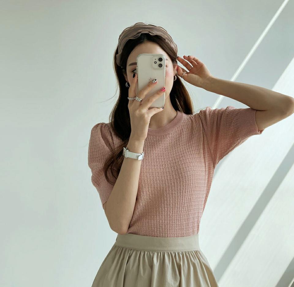 グリッター半袖ニット・全5色・t67682 レディース 【tops】【トップス ニット ニットトップス 半袖 ハーフスリーブ グリッター ラメ 大人 フェミニン カジュアル かわいい 春 夏 韓国 ファッション】【ハイホリHIHOLLI】