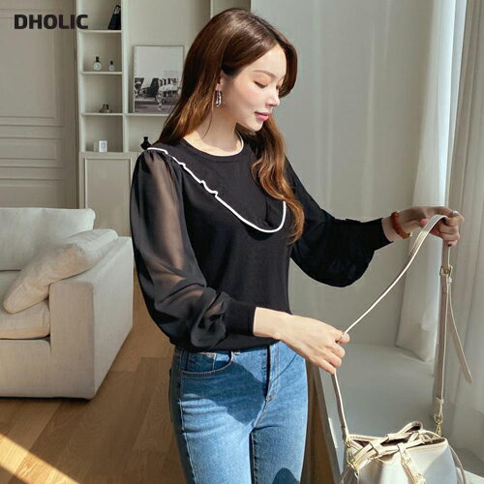 ネックフリルシフォンニット・全2色・e67680 レディース 【tops】【トップス ニット ニットトップス 長袖 シフォン シアー シースルー 透け感 フリルネック フリル 可愛い かわいい ガーリー 春 秋 韓国 ファッション】【ハイホリHIHOLLI】