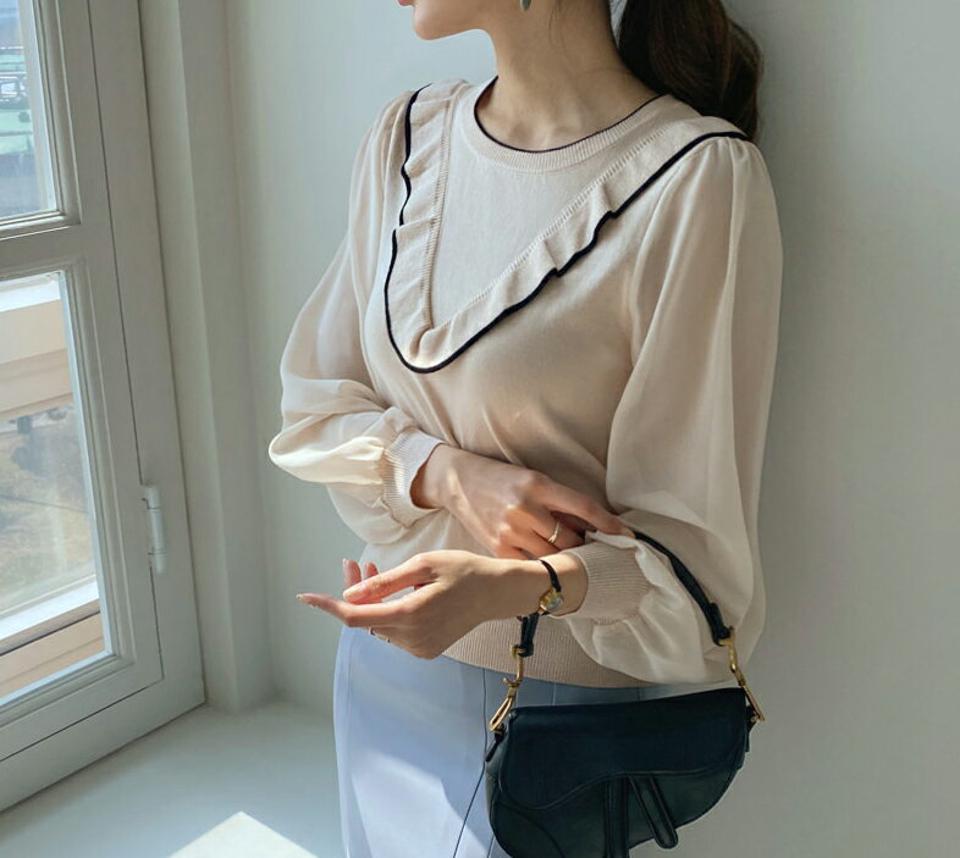 ネックフリルシフォンニット・全2色・e67680 レディース 【tops】【トップス ニット ニットトップス 長袖 シフォン シアー シースルー 透け感 フリルネック フリル 可愛い かわいい ガーリー 春 秋 韓国 ファッション】【ハイホリHIHOLLI】