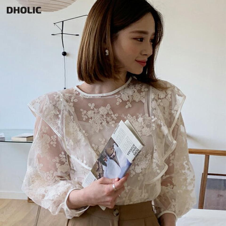 キャミ付シアー刺繍ブラウス・全2色・b65096 レディース 【bl】【韓国 ファッション トップス ブラウス 長袖 上品 ラウンドネック キャミソール セット シースルー 花柄 フラワー スクエアネック ボリューム 体型カバー フェミニン カジュアル 春 夏】【fw】