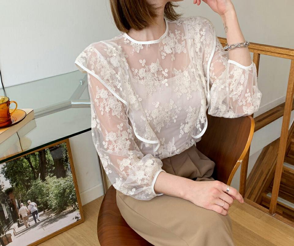 キャミ付シアー刺繍ブラウス・全2色・b65096 レディース 【bl】【韓国 ファッション トップス ブラウス 長袖 上品 ラウンドネック キャミソール セット シースルー 花柄 フラワー スクエアネック ボリューム 体型カバー フェミニン カジュアル 春 夏】【fw】