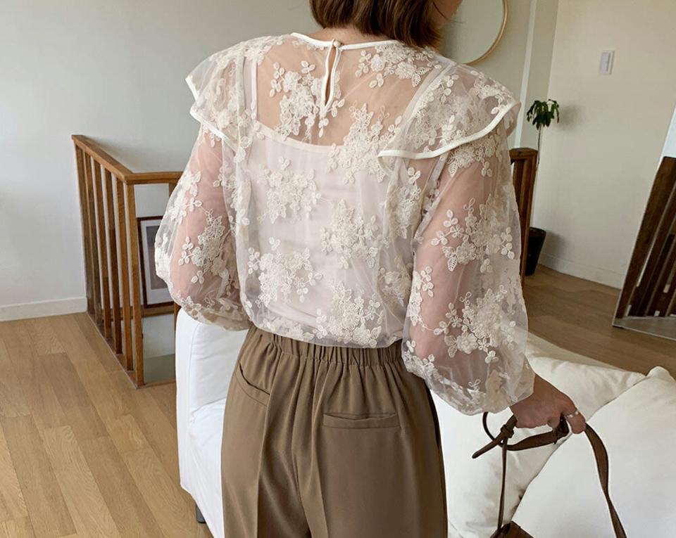 キャミ付シアー刺繍ブラウス・全2色・b65096 レディース 【bl】【韓国 ファッション トップス ブラウス 長袖 上品 ラウンドネック キャミソール セット シースルー 花柄 フラワー スクエアネック ボリューム 体型カバー フェミニン カジュアル 春 夏】【fw】