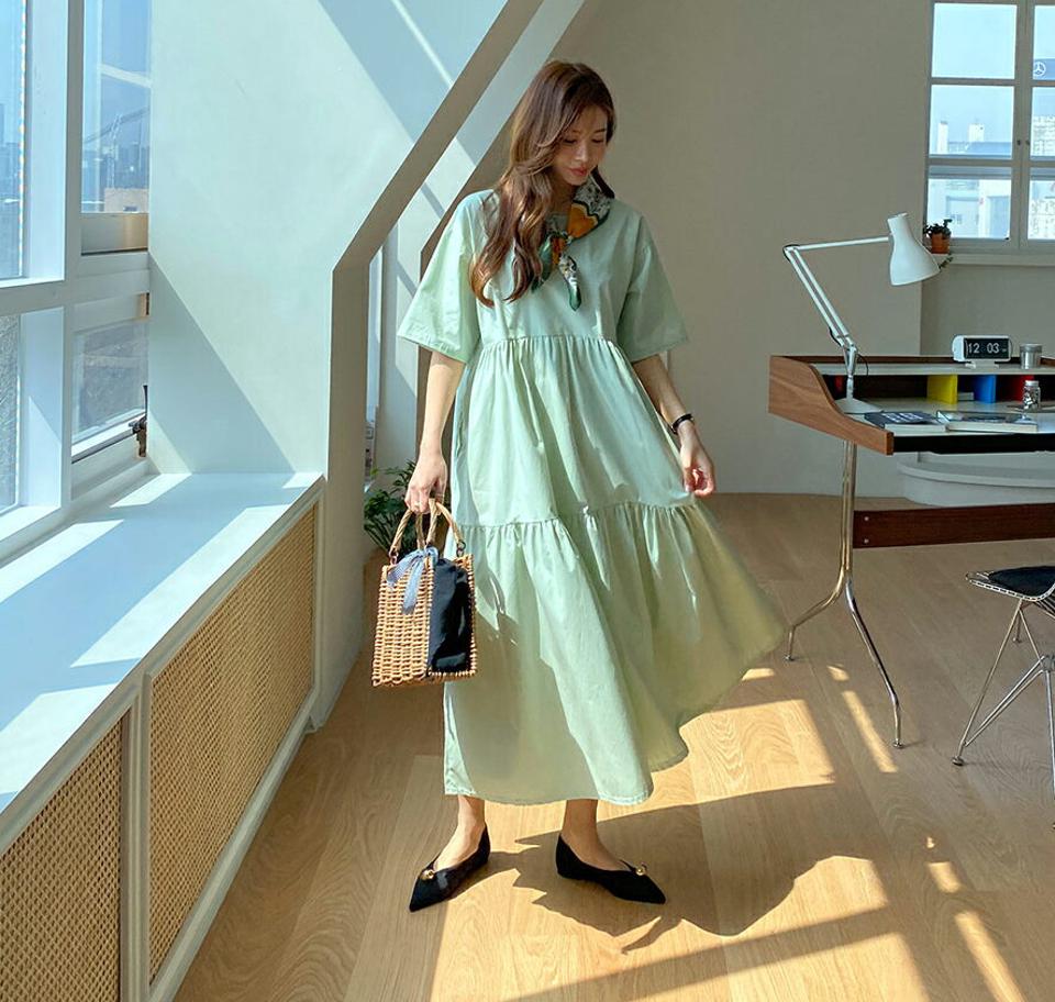 ティアードロングワンピース・全3色・b67690 レディース 【ops】【ワンピース ロング ロングワンピース 半袖 ハーフスリーブ ティアード 単色 無地 シンプル 大人 かわいい 体型カバー 春 夏 韓国 ファッション】【ハイホリHIHOLLI】