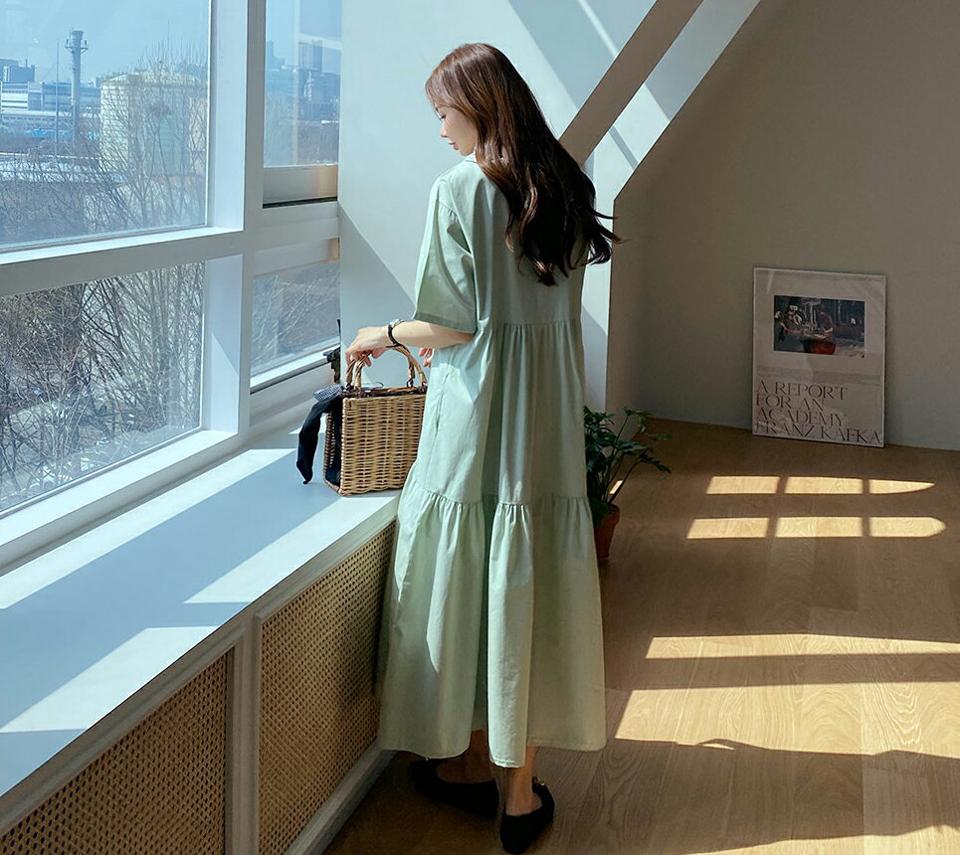 ティアードロングワンピース・全3色・b67690 レディース 【ops】【ワンピース ロング ロングワンピース 半袖 ハーフスリーブ ティアード 単色 無地 シンプル 大人 かわいい 体型カバー 春 夏 韓国 ファッション】【ハイホリHIHOLLI】