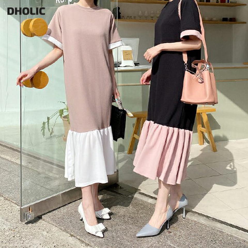 配色ロングワンピース・全4色・b67630 レディース 【ops】【ワンピース ロング ロングワンピ−ス 半袖 ハーフスリーブ 配色 モダン 体型カバー 春 夏 秋 韓国 ファッション】【ハイホリHIHOLLI】