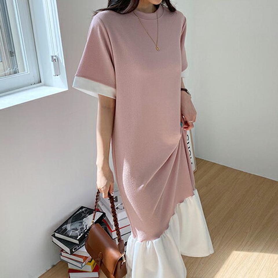 配色ロングワンピース・全4色・b67630 レディース 【ops】【ワンピース ロング ロングワンピ−ス 半袖 ハーフスリーブ 配色 モダン 体型カバー 春 夏 秋 韓国 ファッション】【ハイホリHIHOLLI】