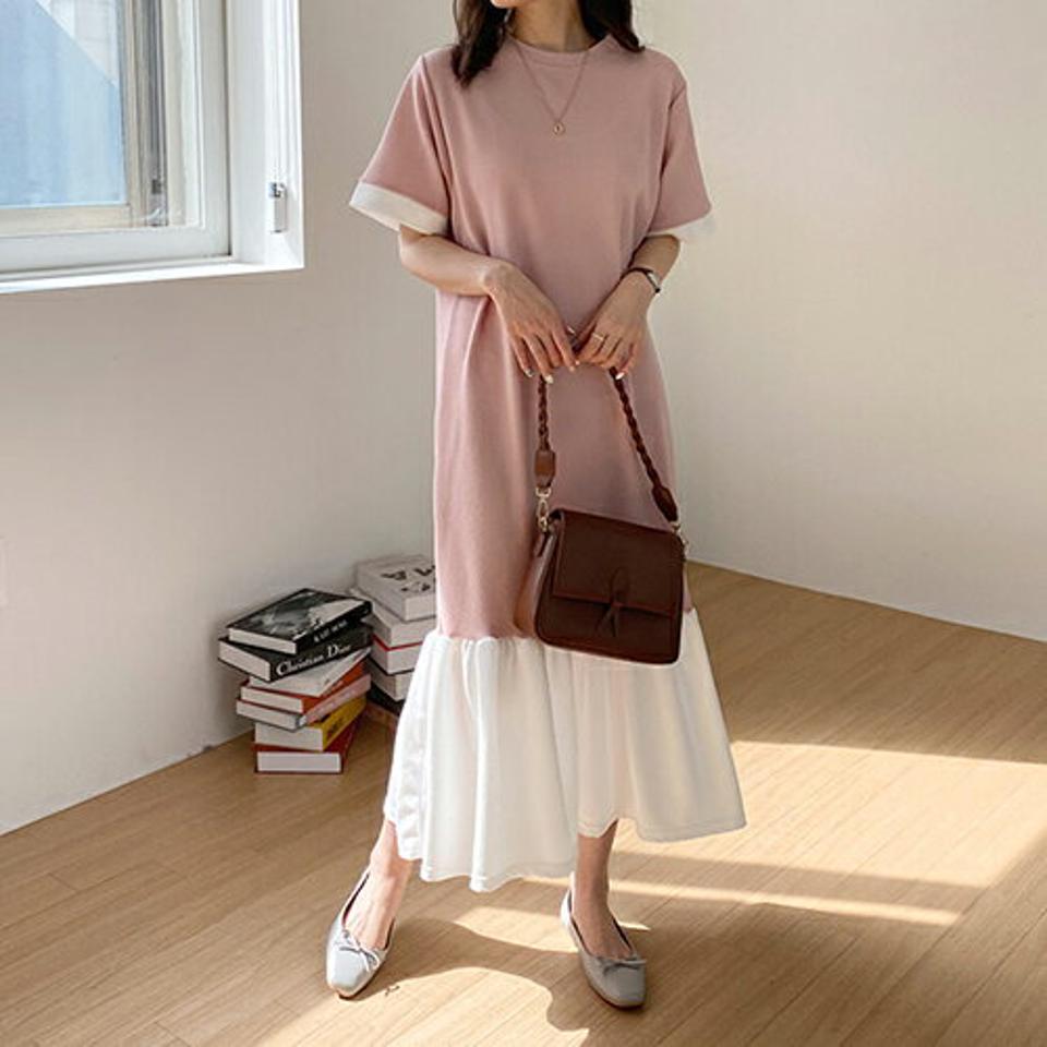 配色ロングワンピース・全4色・b67630 レディース 【ops】【ワンピース ロング ロングワンピ−ス 半袖 ハーフスリーブ 配色 モダン 体型カバー 春 夏 秋 韓国 ファッション】【ハイホリHIHOLLI】