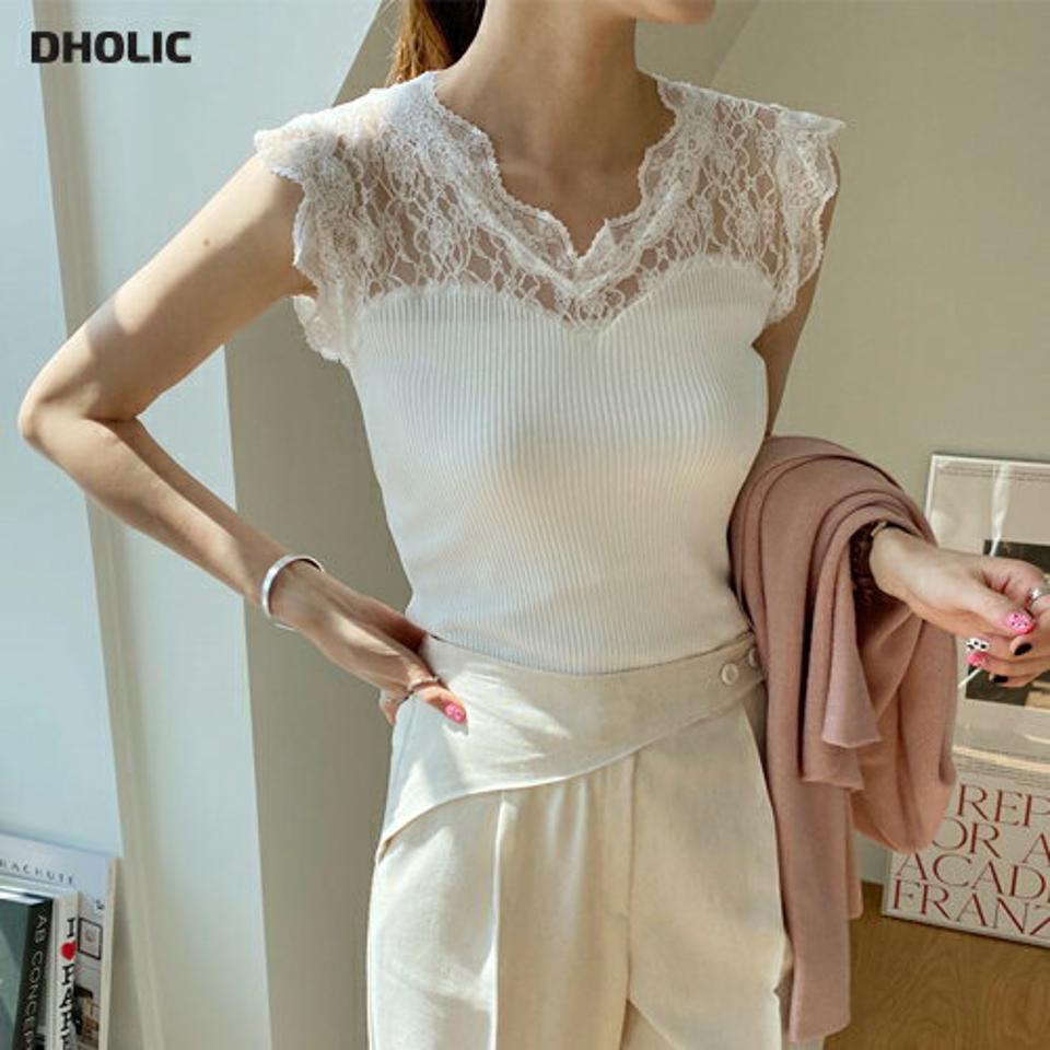 Vネックレーススリーブレス・全3色・t67707 レディース 【tops】 トップス スリーブレス ノースリー部 Vネック レース 透け感 シアー シースルー フェミニン 大人 春 夏 秋 韓国 ファッション ハイホリHIHOLLI