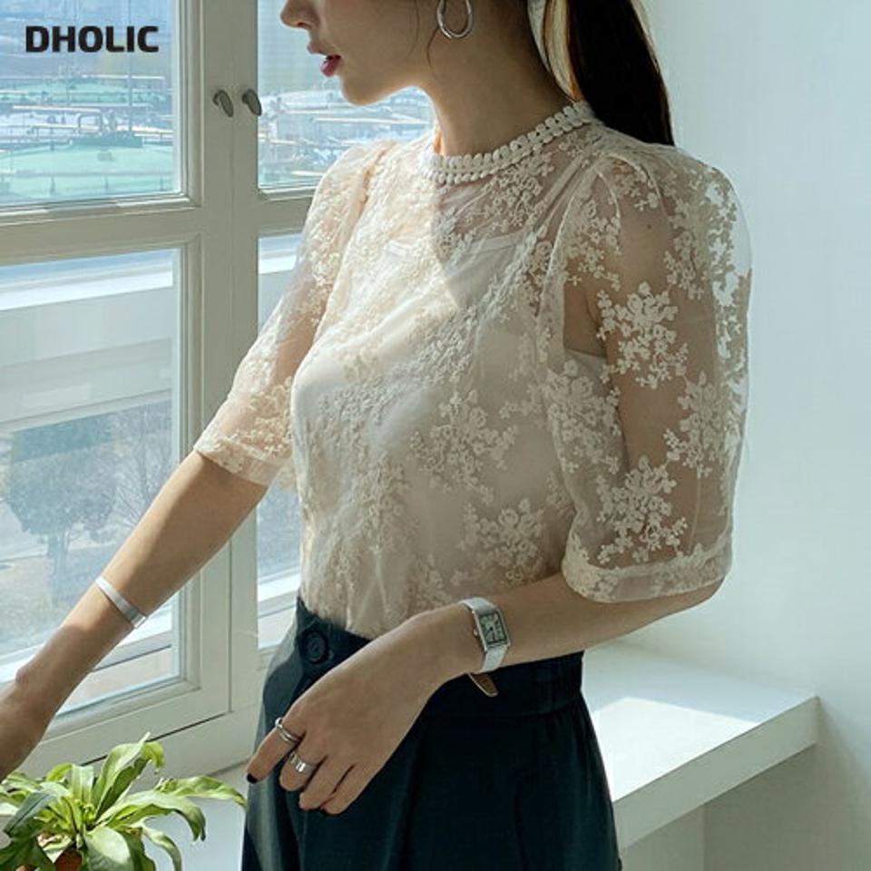 キャミ付シアーレースブラウス・全2色・b67685 レディース 【bl】 トップス ブラウス 透け感 シアー シースルー レース 総レース 半袖 ハーフスリーブ フェミニン かわいい キャミソール スリーブレス 春 夏 韓国 ファッション ハイホリHIHOLLI