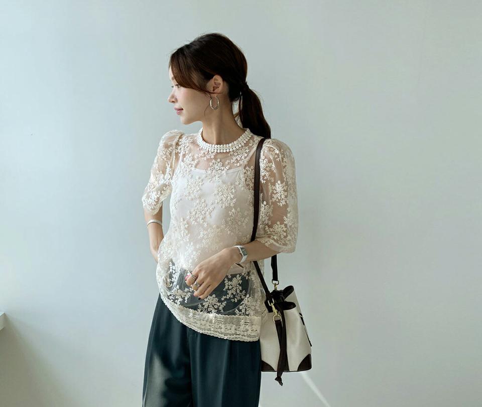 キャミ付シアーレースブラウス・全2色・b67685 レディース 【bl】 トップス ブラウス 透け感 シアー シースルー レース 総レース 半袖 ハーフスリーブ フェミニン かわいい キャミソール スリーブレス 春 夏 韓国 ファッション ハイホリHIHOLLI