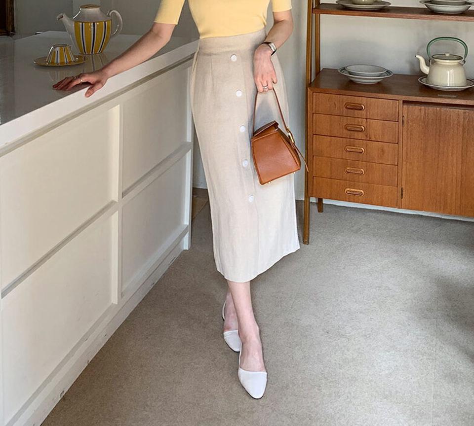 リネン混ボタンスカート・全3色・t65141 レディース 【sk】【韓国 ファッション ボトムス スカート ロング ロングスカート リネン ボタン スリット バックゴム Aライン 体型カバー カジュアル デイリー 上品 春 夏】
