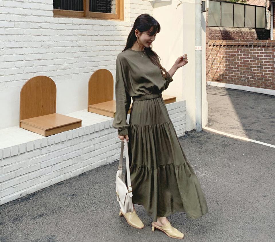 ゴムへムブラウス&ティアードスカートSET・全3色・t65138 レディース 【ops】【韓国 ファッション ワンピース ロング ロングワンピース 長袖 セット ブラウス ラウンドネック スカート ティアード フェミニン 体型カバー 春 夏】