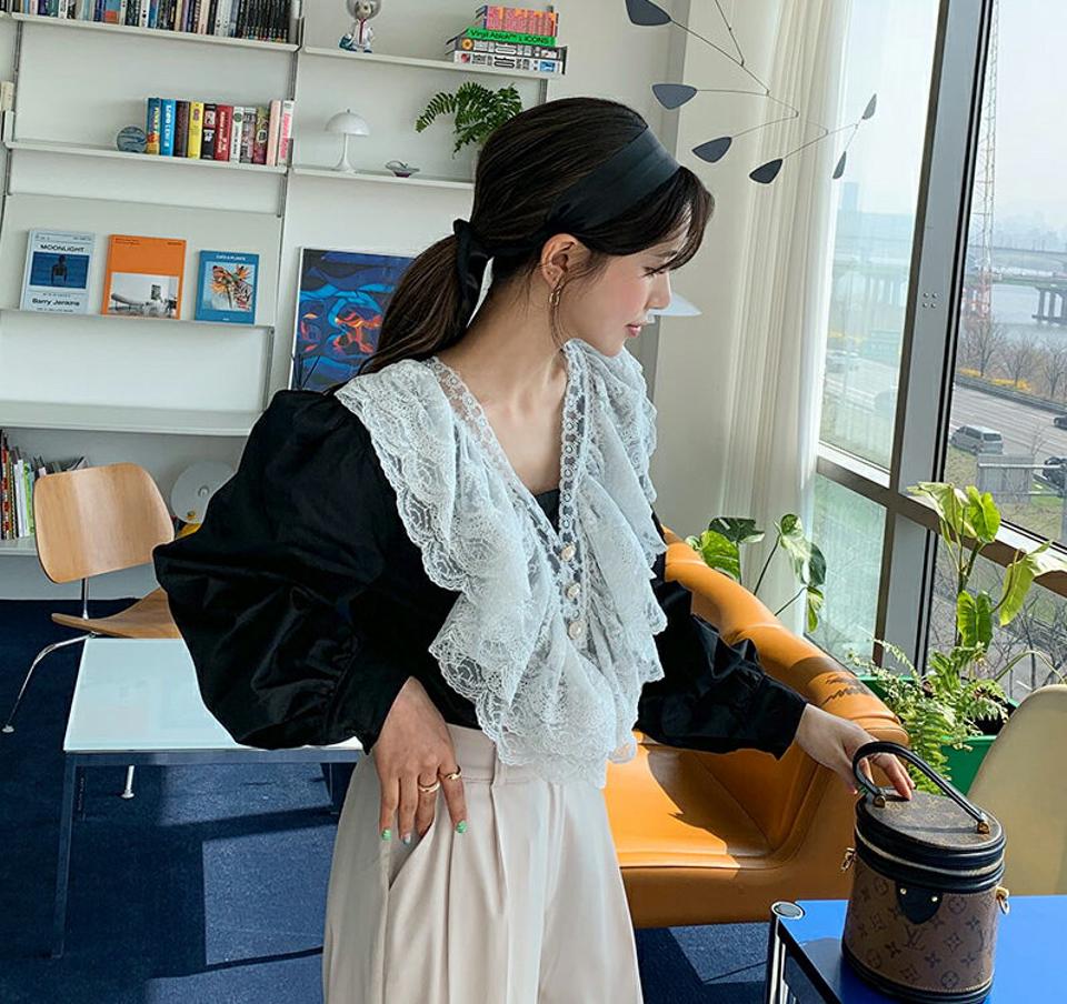 Vネックフリルレースブラウス・全2色・t65152 レディース 【bl】【韓国 ファッション トップス ブラウス 長袖 上品 Vネック フリル レース ボリューム パール調 体型カバー フェミニン カジュアル 春 夏】