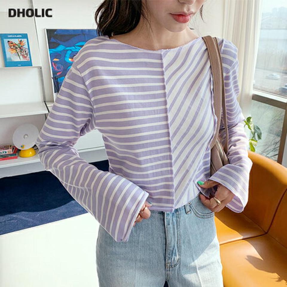 配色ボーダーTシャツ・全3色・t65149 レディース 【tops】【韓国 ファッション トップス Tシャツ 長袖 メリハリ 配色 ボーダー クロップド丈 ラウンドネック ストライプ カジュアル 体型カーバー デイリー ベーシック スリム 春 夏】