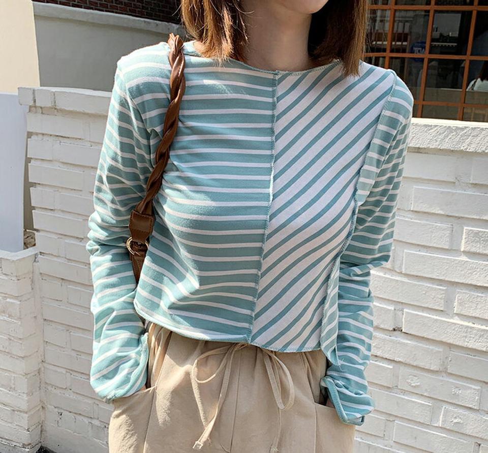 配色ボーダーTシャツ・全3色・t65149 レディース 【tops】【韓国 ファッション トップス Tシャツ 長袖 メリハリ 配色 ボーダー クロップド丈 ラウンドネック ストライプ カジュアル 体型カーバー デイリー ベーシック スリム 春 夏】