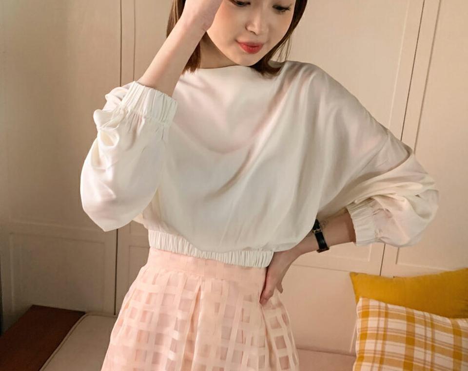 ゴムへムブラウス・全3色・t65136 レディース 【bl】【韓国 ファッション トップス ブラウス 長袖 上品 シンプル ラウンドネック ゴム 体型カバー フェミニン カジュアル 春 夏】