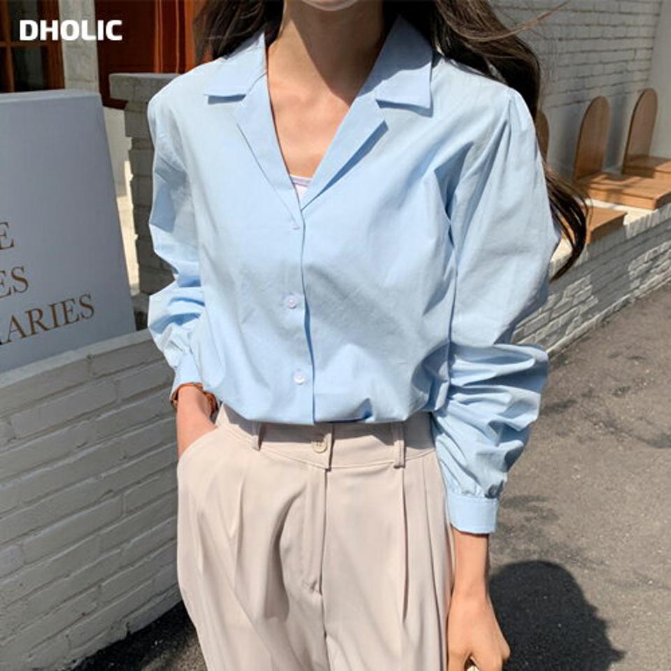 オープンカラーパフブラウス・全3色・t65159 レディース 【bl】【韓国 ファッション トップス ブラウス 長袖 上品 オープンカラー パフスリーブ ギャザー 体型カバー フェミニン カジュアル 春 夏】