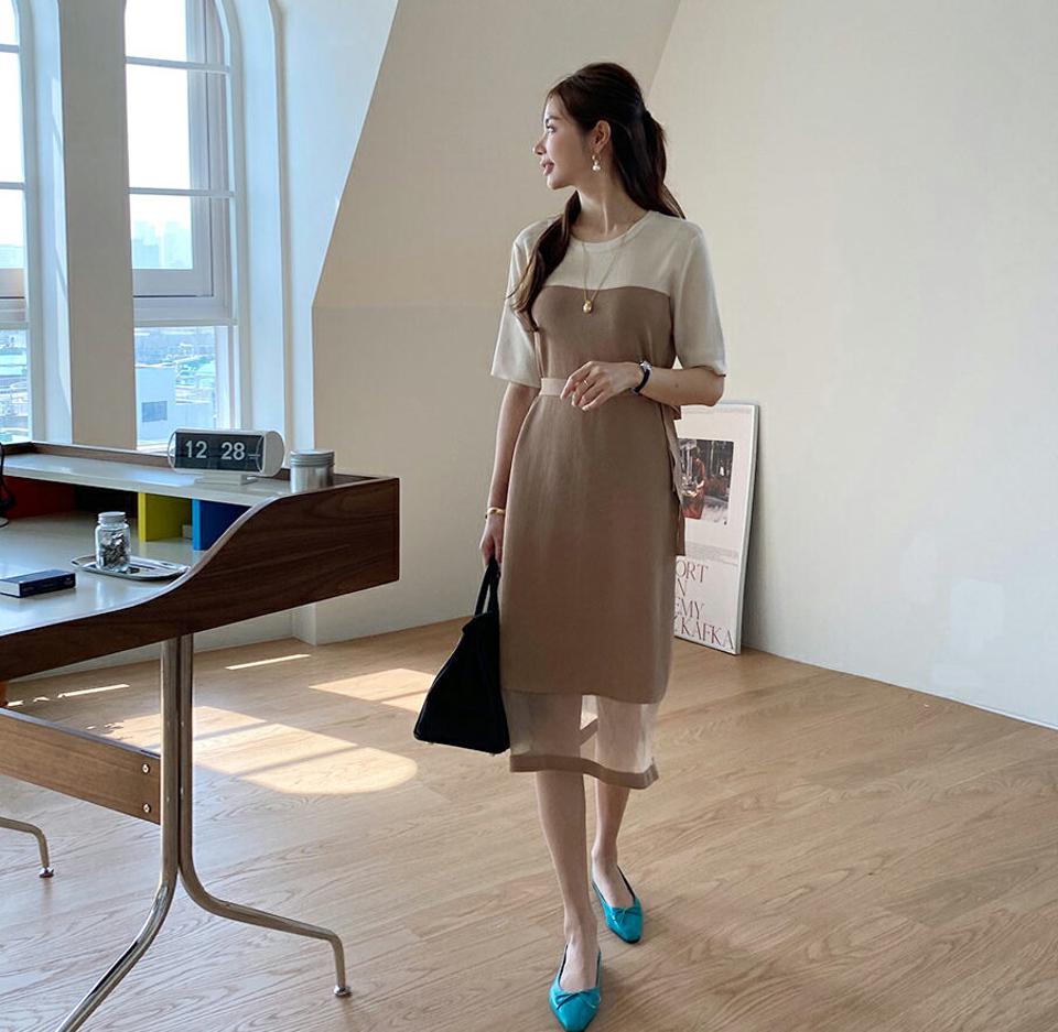 ストラップ付シアーヘムニットワンピース・全2色・b67693 レディース 【ops】【ワンピース ミディ丈 ミディワンピース 半袖 ハーフスリーブ ニット シアー 透け感 シースルー 大人 春 夏 韓国 ファッション】【ハイホリHIHOLLI】