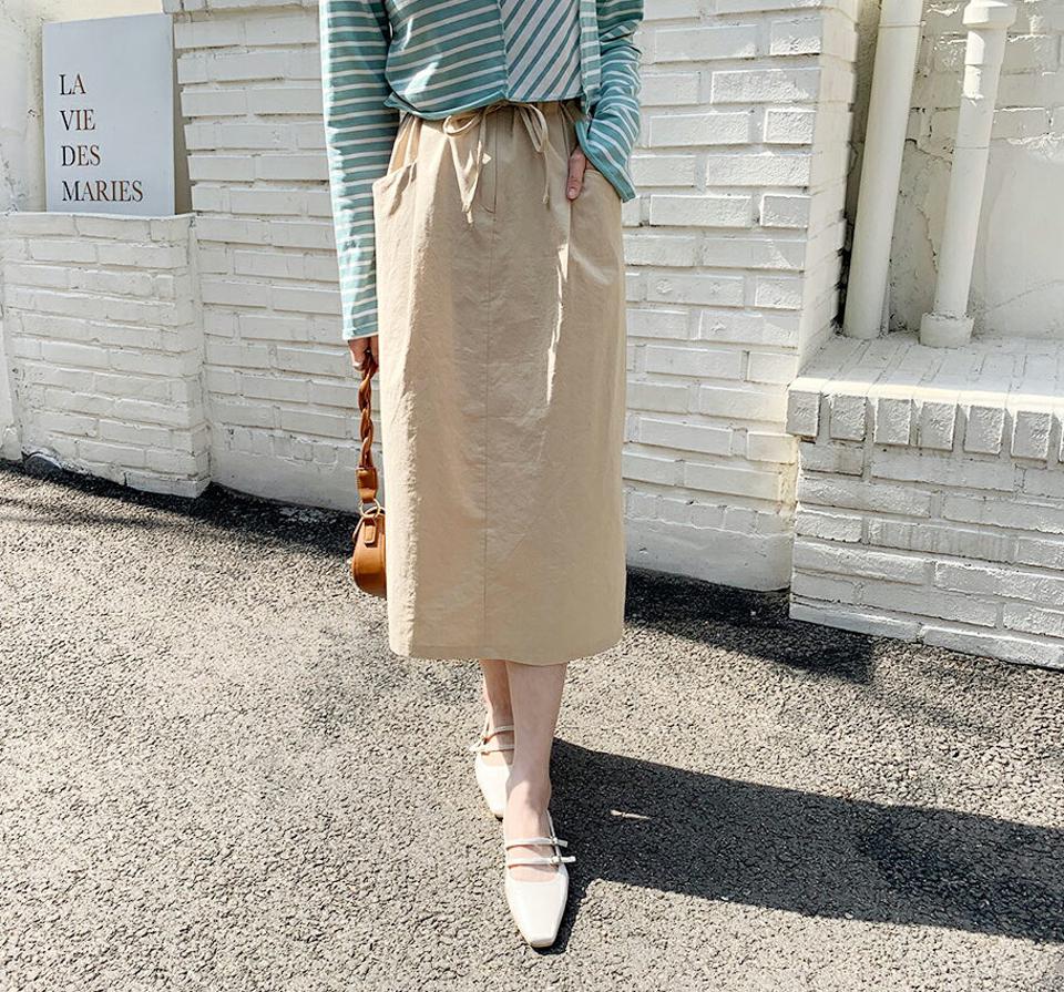 ドロストポケットスカート・全3色・t65148 レディース 【sk】韓国ファッション ボトムス スカート ロング ロングスカート Hライン 体型カバー カジュアル デイリー 上品 春 夏