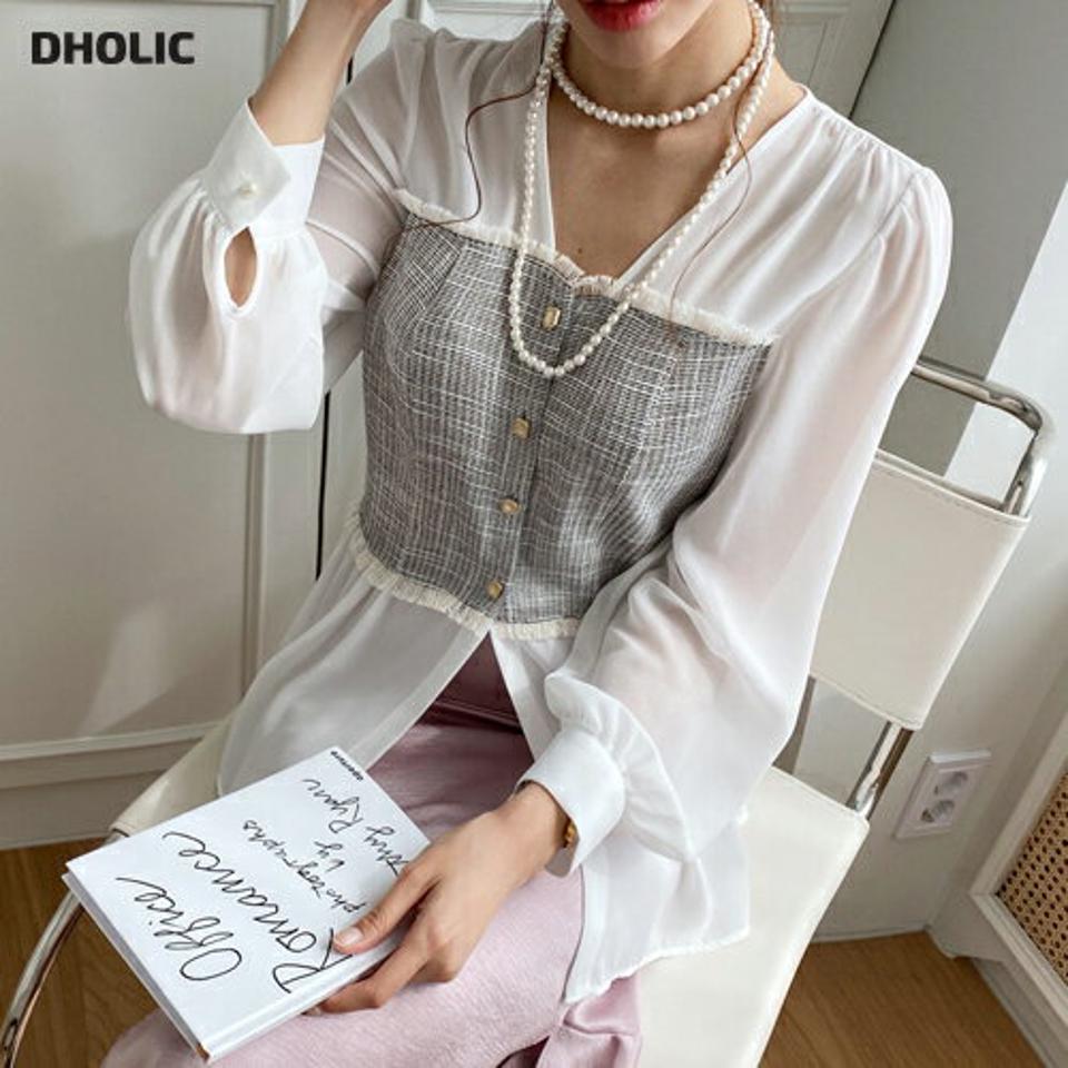 ツイードポイントブラウス・全2色・b67688 レディース 【bl】【トップス ブラウス 長袖 ツイード 大人 ユニーク フェミニン デコルテ 鎖骨 透け感 シアー シースルー 春 秋 韓国 ファッション】【ハイホリHIHOLLI】