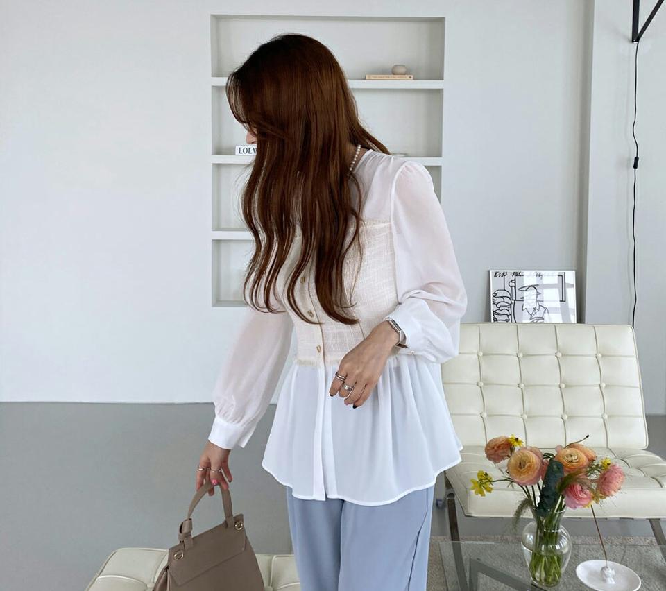 ツイードポイントブラウス・全2色・b67688 レディース 【bl】【トップス ブラウス 長袖 ツイード 大人 ユニーク フェミニン デコルテ 鎖骨 透け感 シアー シースルー 春 秋 韓国 ファッション】【ハイホリHIHOLLI】