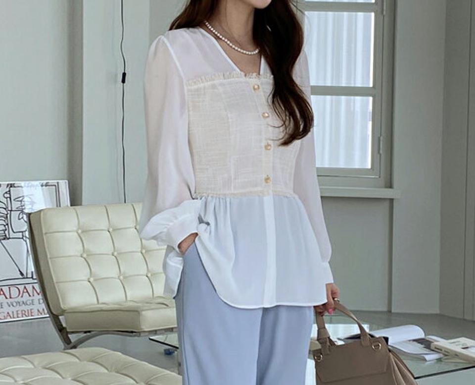 ツイードポイントブラウス・全2色・b67688 レディース 【bl】【トップス ブラウス 長袖 ツイード 大人 ユニーク フェミニン デコルテ 鎖骨 透け感 シアー シースルー 春 秋 韓国 ファッション】【ハイホリHIHOLLI】