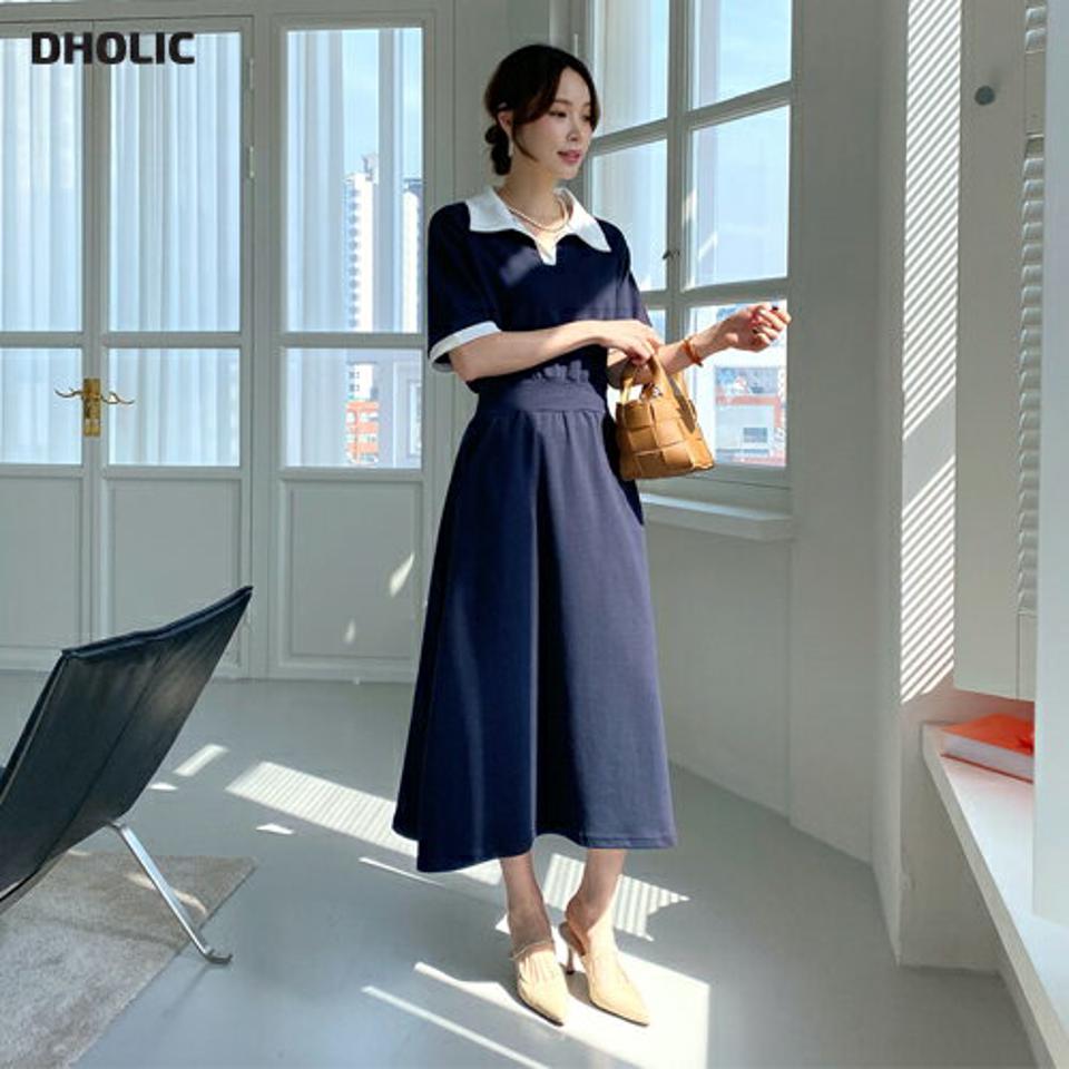 配色カラーワンピース・全3色・b67691 レディース 【ops】【ワンピース ロング ロングワンピース 半袖 ハーフスリーブ 配色 モダン シック 大人 春 夏 韓国 ファッション】【ハイホリHIHOLLI】