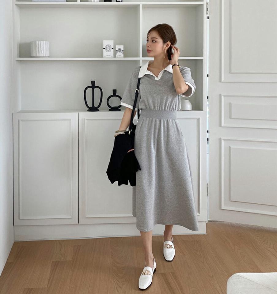 配色カラーワンピース・全3色・b67691 レディース 【ops】【ワンピース ロング ロングワンピース 半袖 ハーフスリーブ 配色 モダン シック 大人 春 夏 韓国 ファッション】【ハイホリHIHOLLI】