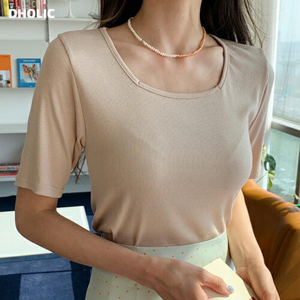 スクエアリブTシャツ・全4色・t65155 レディース 【tops】【韓国 ファッション トップス Tシャツ 半袖 スクエアネック リブ スリム フィット シンプル デコルテ カジュアル 体型カーバー デイリー ベーシック 春 夏】