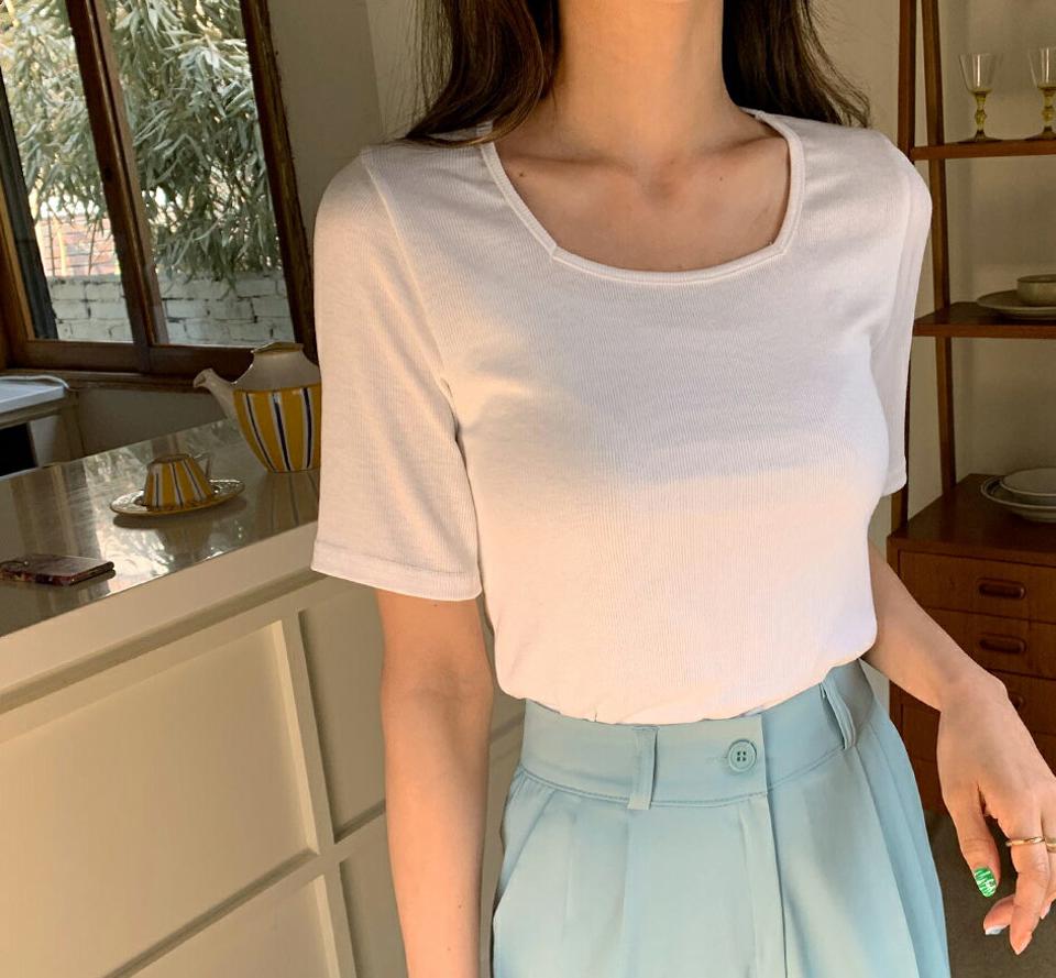 スクエアリブTシャツ・全4色・t65155 レディース 【tops】【韓国 ファッション トップス Tシャツ 半袖 スクエアネック リブ スリム フィット シンプル デコルテ カジュアル 体型カーバー デイリー ベーシック 春 夏】